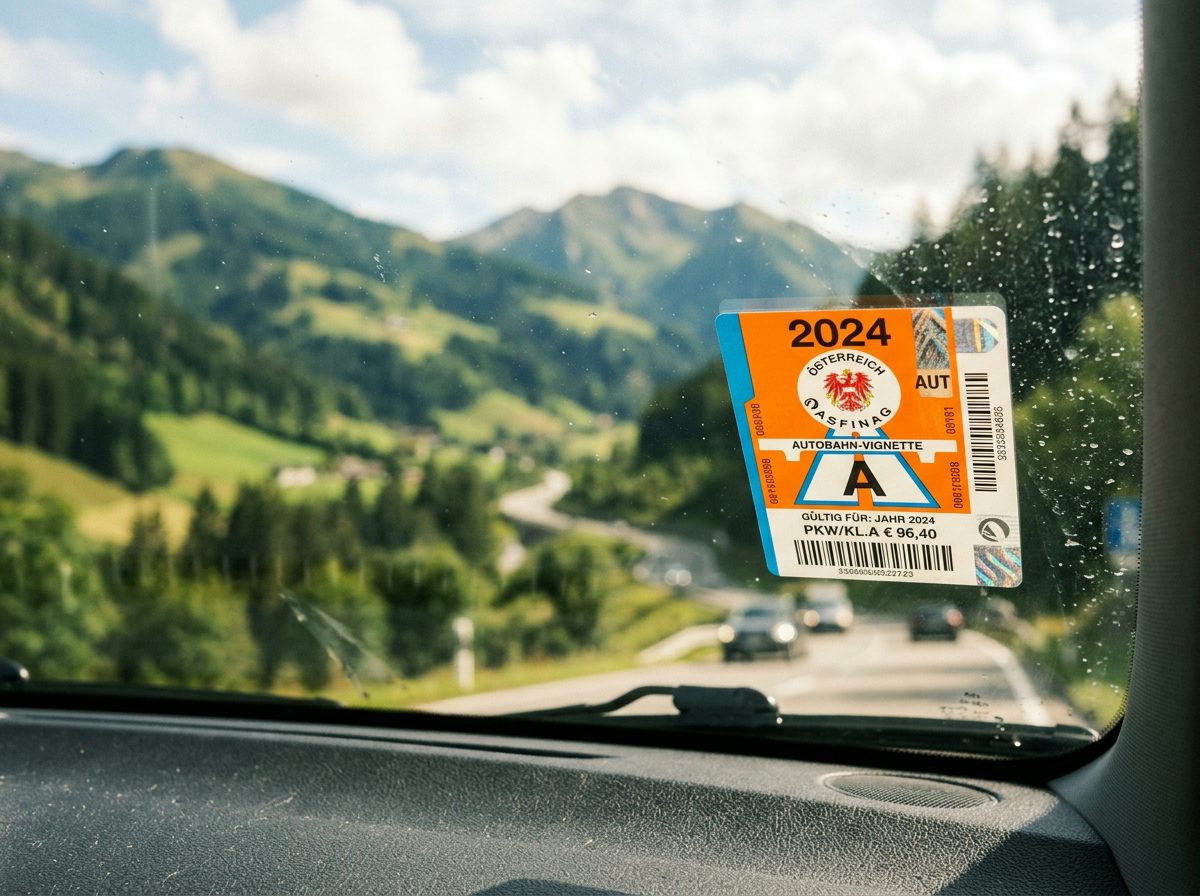 Österreichische Autobahn-Vignette an der Windschutzscheibe